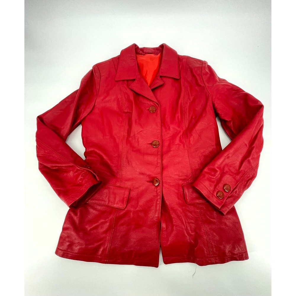 Vintage 80 s Womens Blazer 44 Rosso Italian Nappa Leather Notch Lapel 3 Button